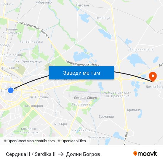 Сердика II / Serdika II to Долни Богров map