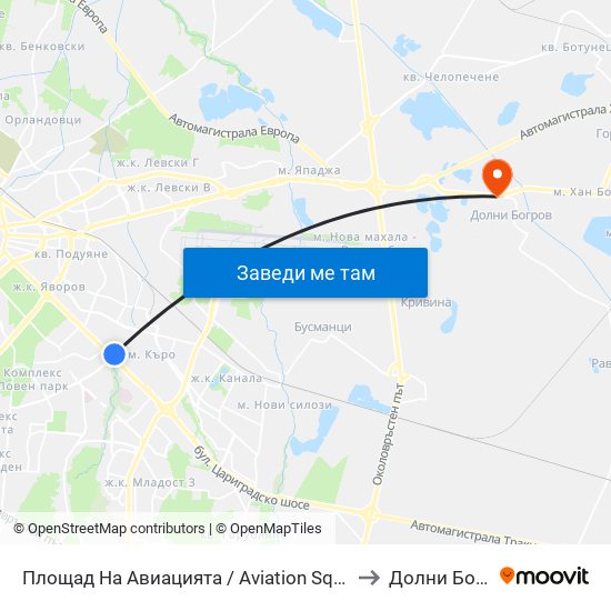 Площад На Авиацията / Aviation Square (1258) to Долни Богров map