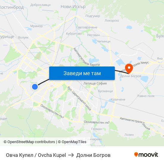 Овча Купел / Ovcha Kupel to Долни Богров map