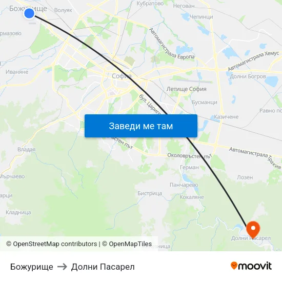 Божурище to Долни Пасарел map