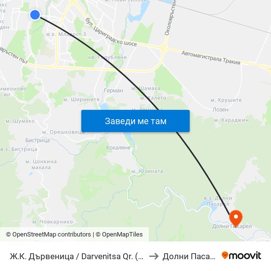 Ж.К. Дървеница / Darvenitsa Qr. (1012) to Долни Пасарел map