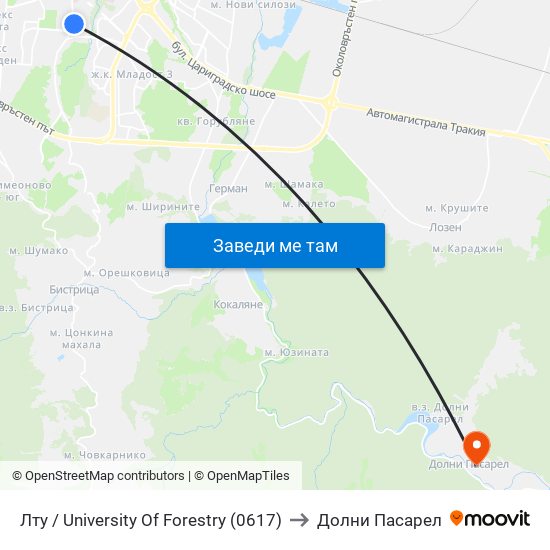 Лту / University Of Forestry (0617) to Долни Пасарел map