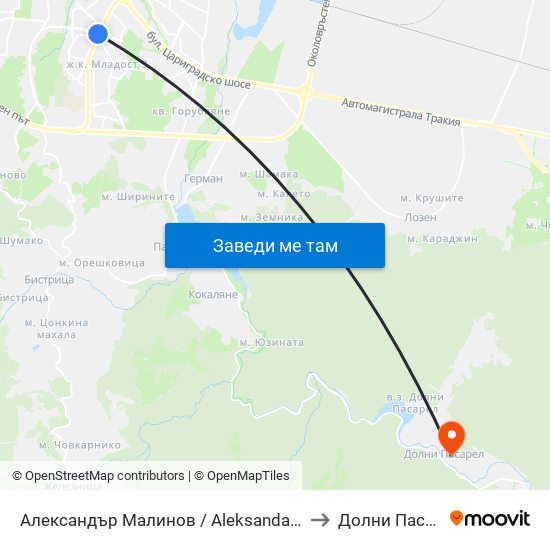 Александър Малинов / Aleksandar Malinov to Долни Пасарел map