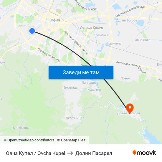 Овча Купел / Ovcha Kupel to Долни Пасарел map