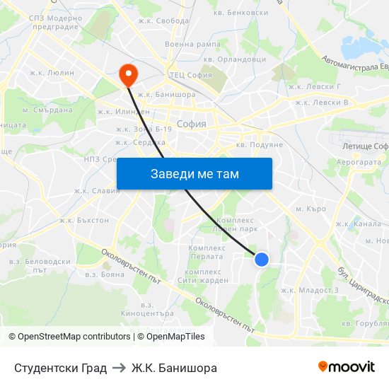 Студентски Град to Ж.К. Банишора map