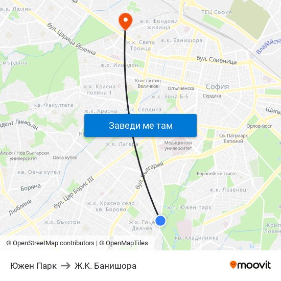 Южен Парк to Ж.К. Банишора map
