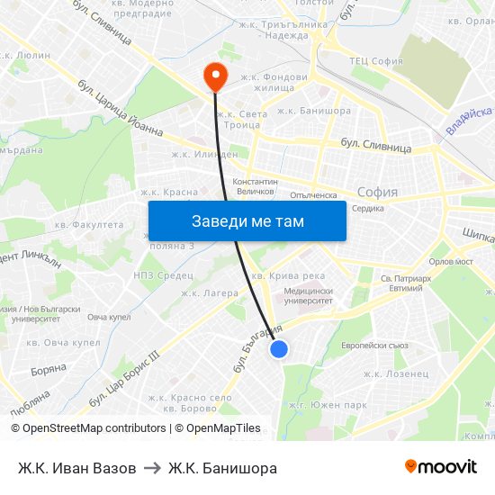 Ж.К. Иван Вазов to Ж.К. Банишора map
