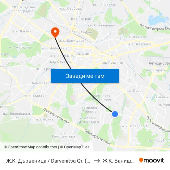 Ж.К. Дървеница / Darvenitsa Qr. (1012) to Ж.К. Банишора map