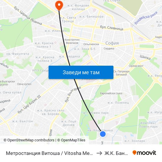 Метростанция Витоша / Vitosha Metro Station (2654) to Ж.К. Банишора map