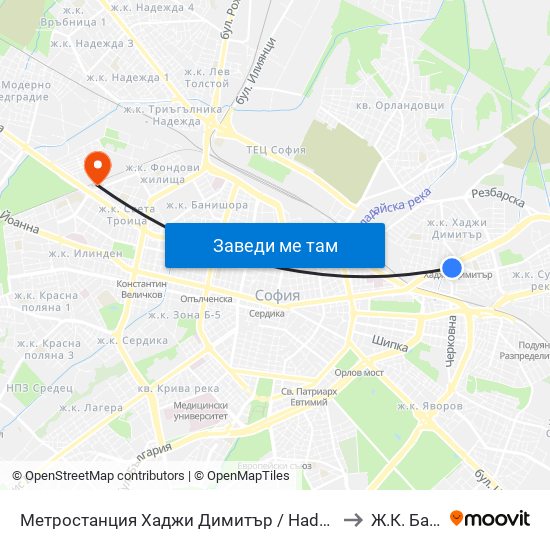 Метростанция Хаджи Димитър / Hadzhi Dimitar Metro Station (0303) to Ж.К. Банишора map