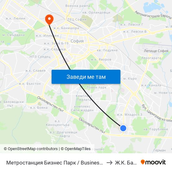 Метростанция Бизнес Парк / Business Park Metro Station (2490) to Ж.К. Банишора map