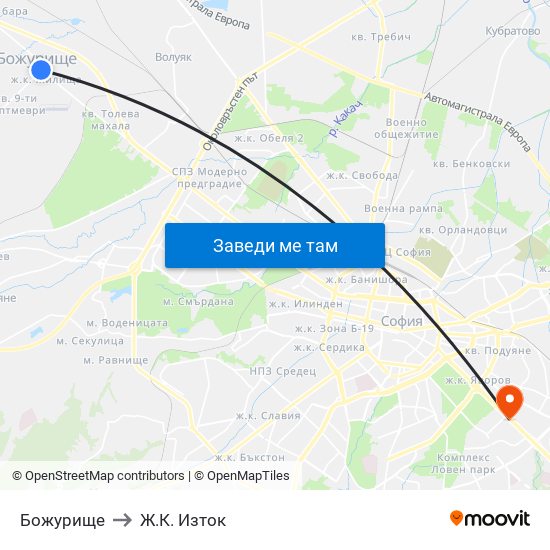 Божурище to Ж.К. Изток map