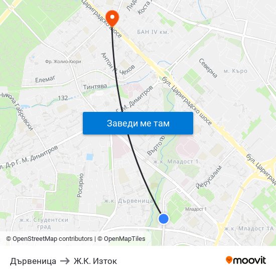 Дървеница to Ж.К. Изток map