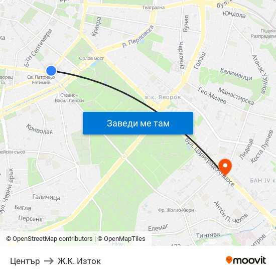 Център to Ж.К. Изток map