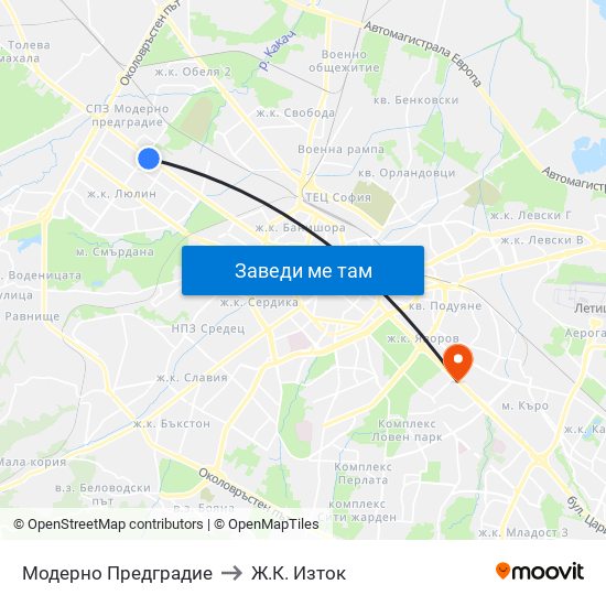 Модерно Предградие to Ж.К. Изток map