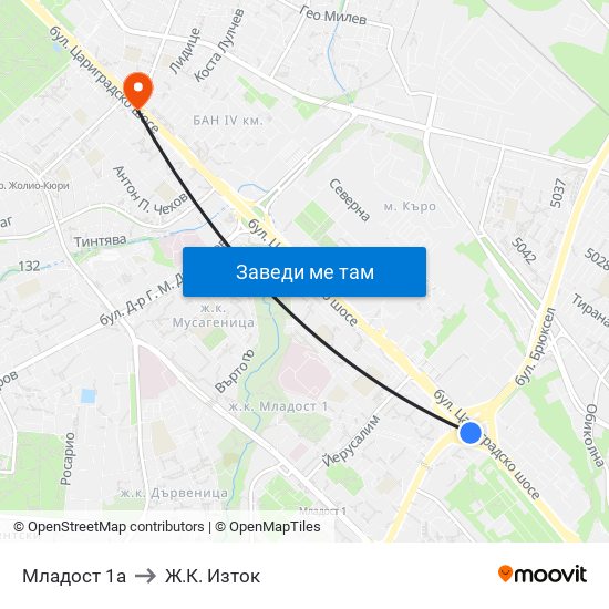 Младост 1а to Ж.К. Изток map