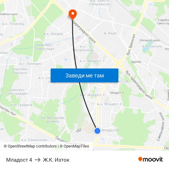 Младост 4 to Ж.К. Изток map