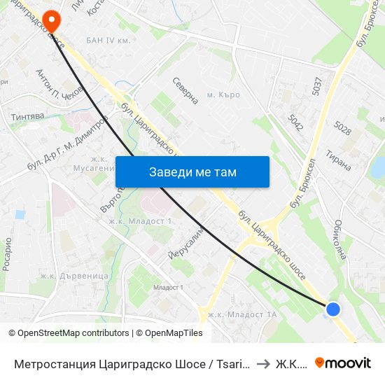 Метростанция Цариградско Шосе / Tsarigradsko Shosse Metro Station (1016) to Ж.К. Изток map