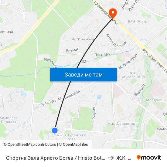 Спортна Зала Христо Ботев / Hristo Botev Sports Hall (1611) to Ж.К. Изток map