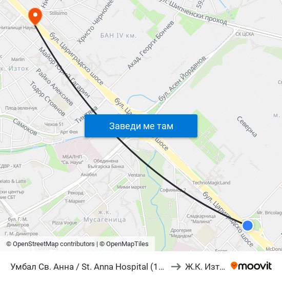 Умбал Св. Анна / St. Anna Hospital (1196) to Ж.К. Изток map