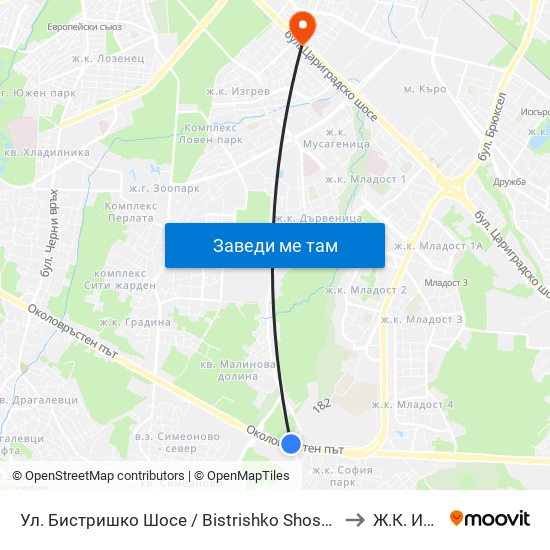 Ул. Бистришко Шосе / Bistrishko Shosse St. (0864) to Ж.К. Изток map