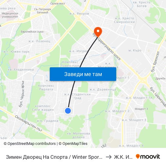 Зимен Дворец На Спорта / Winter Sports Palace (0742) to Ж.К. Изток map