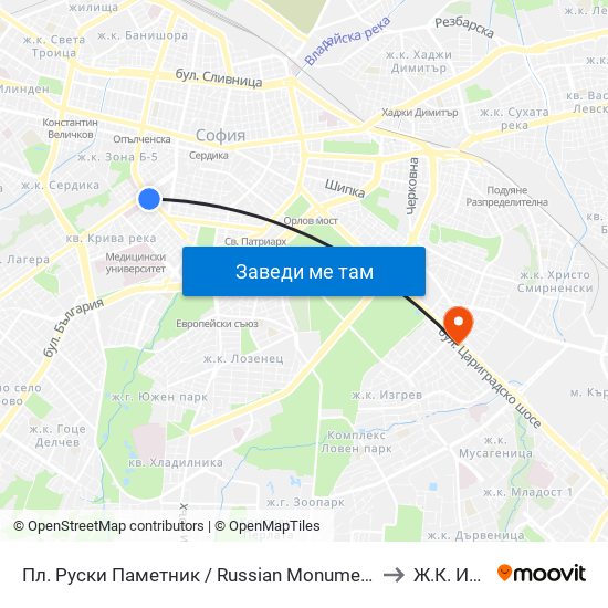 Пл. Руски Паметник / Russian Monument Sq. (1296) to Ж.К. Изток map