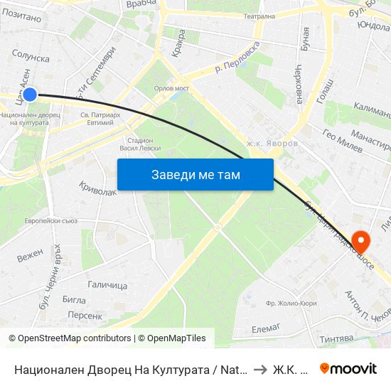 Национален Дворец На Културата / National Palace Of Culture to Ж.К. Изток map