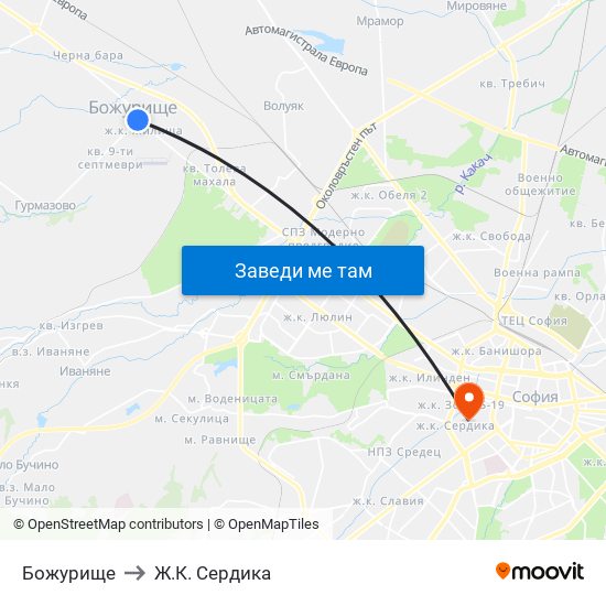 Божурище to Ж.К. Сердика map