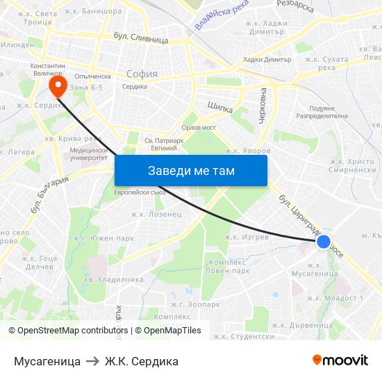 Мусагеница to Ж.К. Сердика map