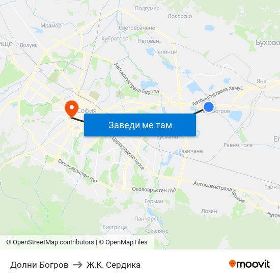 Долни Богров to Ж.К. Сердика map