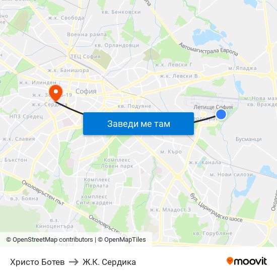 Христо Ботев to Ж.К. Сердика map