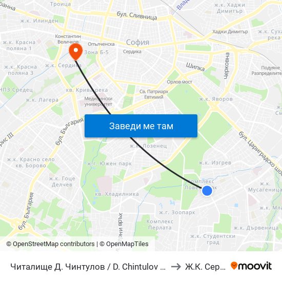 Читалище Д. Чинтулов / D. Chintulov Library (2365) to Ж.К. Сердика map