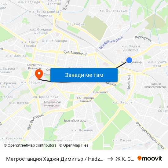 Метростанция Хаджи Димитър / Hadzhi Dimitar Metro Station (0303) to Ж.К. Сердика map