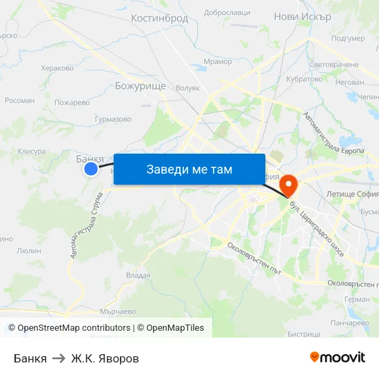 Банкя to Ж.К. Яворов map