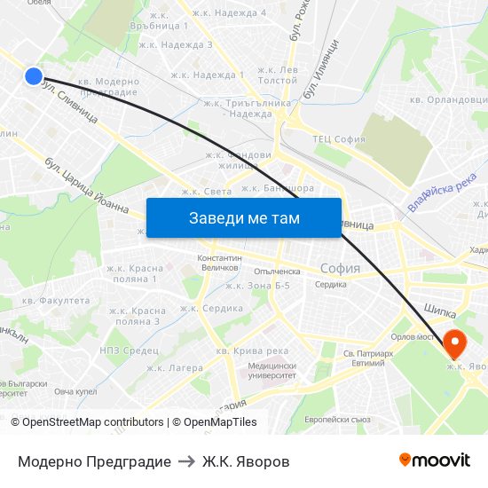 Модерно Предградие to Ж.К. Яворов map