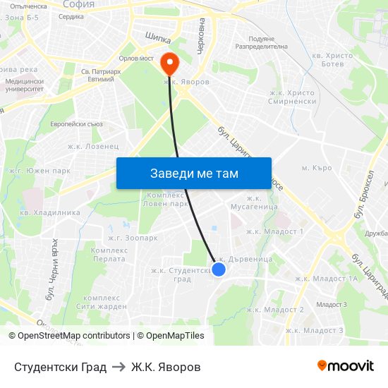 Студентски Град to Ж.К. Яворов map