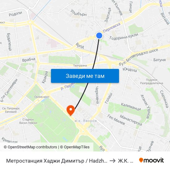 Метростанция Хаджи Димитър / Hadzhi Dimitar Metro Station (0303) to Ж.К. Яворов map