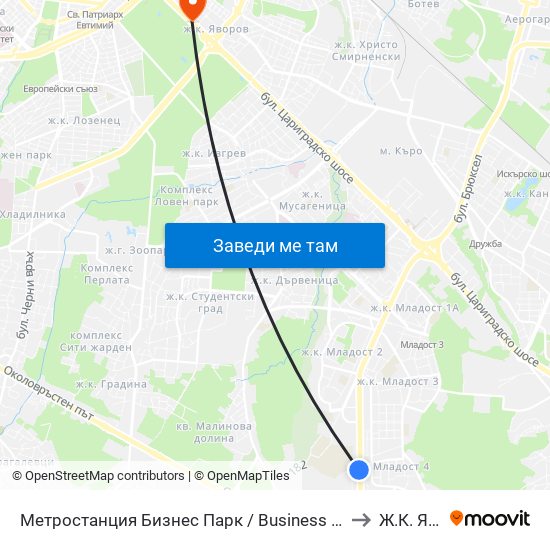 Метростанция Бизнес Парк / Business Park Metro Station (2490) to Ж.К. Яворов map