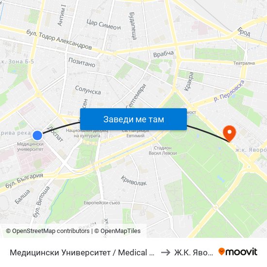 Медицински Университет / Medical University to Ж.К. Яворов map