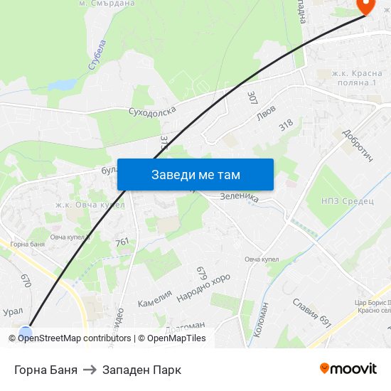 Горна Баня to Западен Парк map
