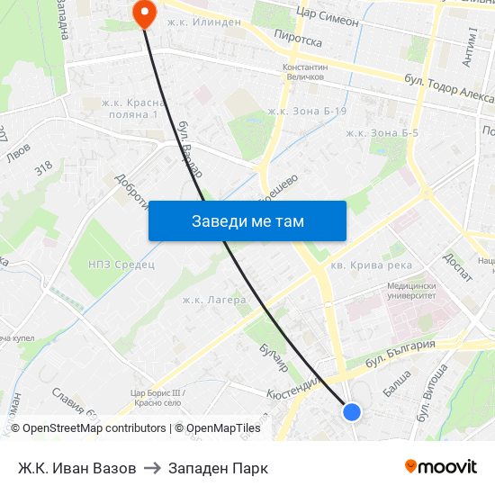 Ж.К. Иван Вазов to Западен Парк map