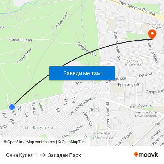Овча Купел 1 to Западен Парк map
