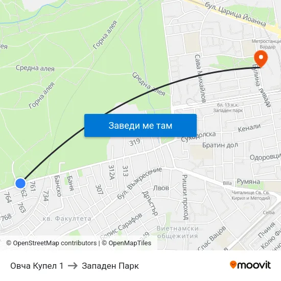 Овча Купел 1 to Западен Парк map