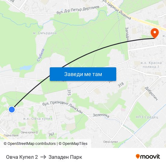 Овча Купел 2 to Западен Парк map