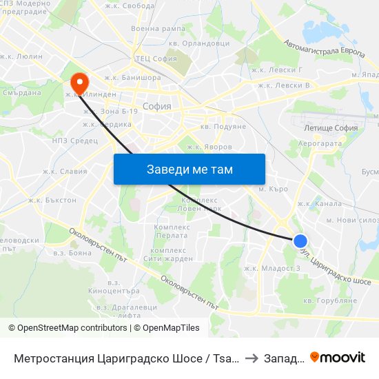 Метростанция Цариградско Шосе / Tsarigradsko Shosse Metro Station (1016) to Западен Парк map