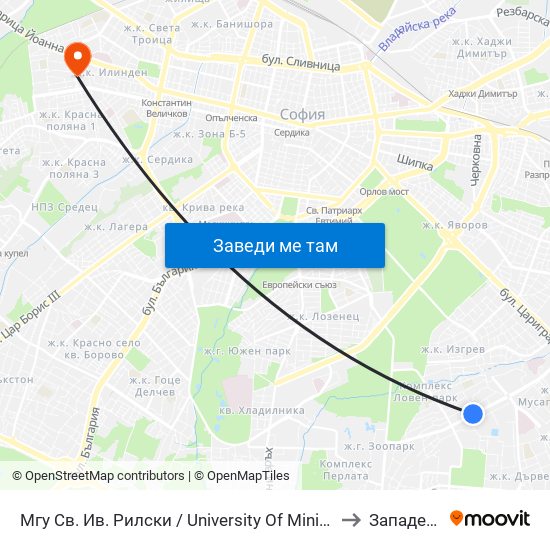 Мгу Св. Ив. Рилски / University Of Mining And Geology (1033) to Западен Парк map