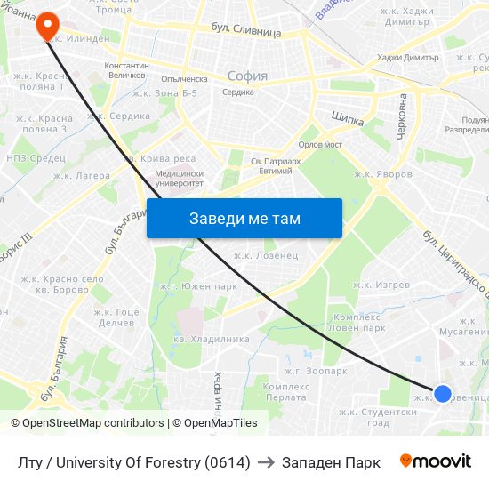 Лту / University Of Forestry (0614) to Западен Парк map