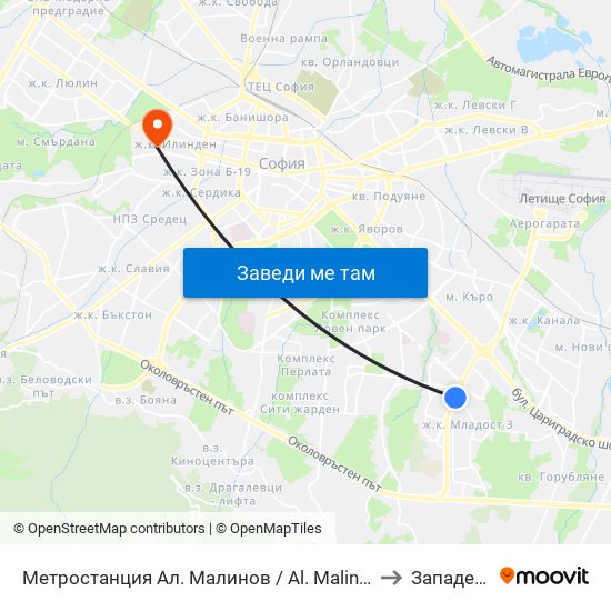 Метростанция Ал. Малинов / Al. Malinov Metro Station (0169) to Западен Парк map