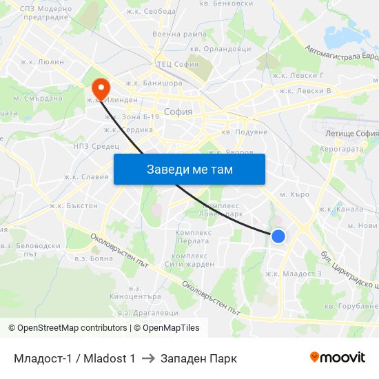 Младост-1 / Mladost 1 to Западен Парк map